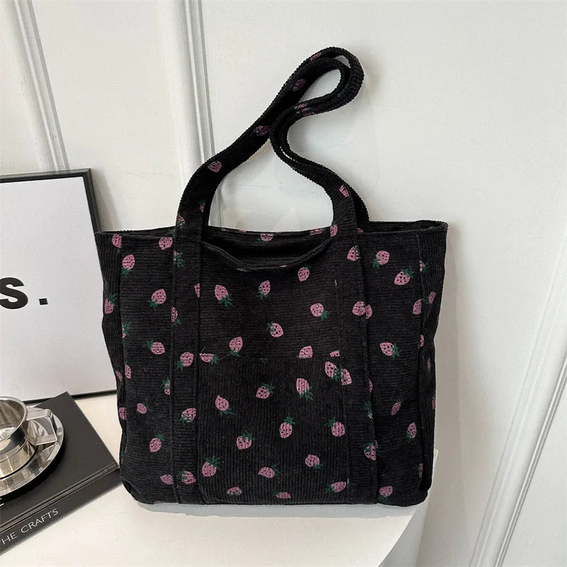 Corduroy Handbag Strawberries Beach Bag Fashionable 2025