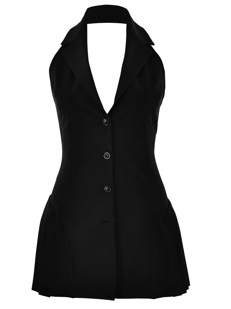 Sexy Sleeveless Deep V Suit Button Dress Women Bodycon Hanging Neck Short Skirt Open Back Female Party Nightclub Dress