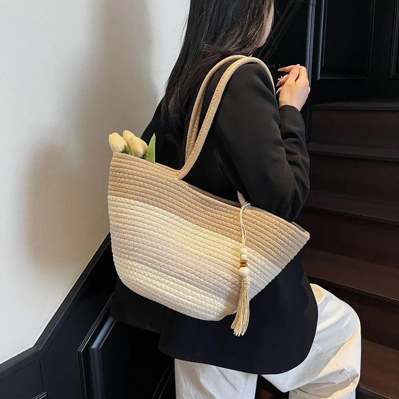 Cotton Rope Woven Design Shoulder Tote Bags For Women 2025