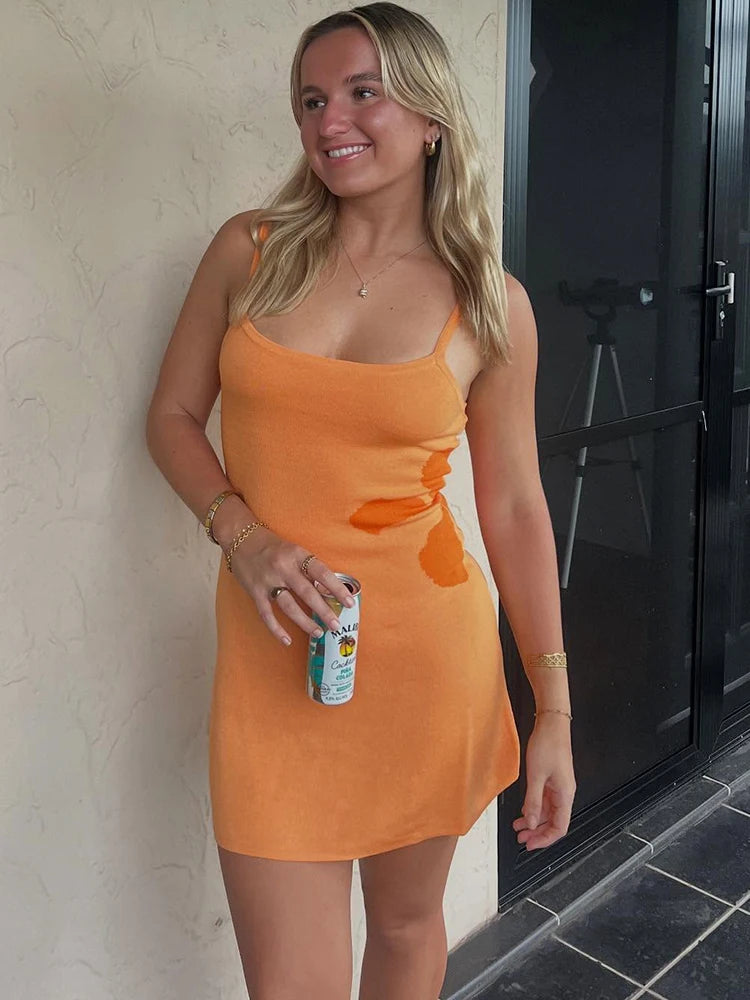 Knit Print Vacation Sexy Backless Women Dress Blue Spaghetti Strap Mini Dress Female Summer New Casual Beachwear 2025