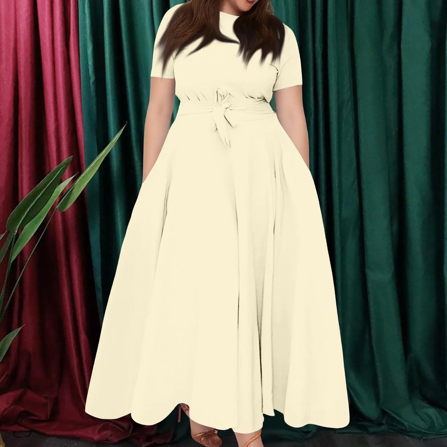 Summer Classic Solid Color Large Size Round Neck Short Sleeve Pocket Straps Swing Dress Fashion High Waist A-line Skirt