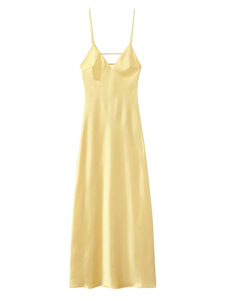 Elegant Solid Satin Pleated Maxi Vestido Women Chic Sleeveless 2025