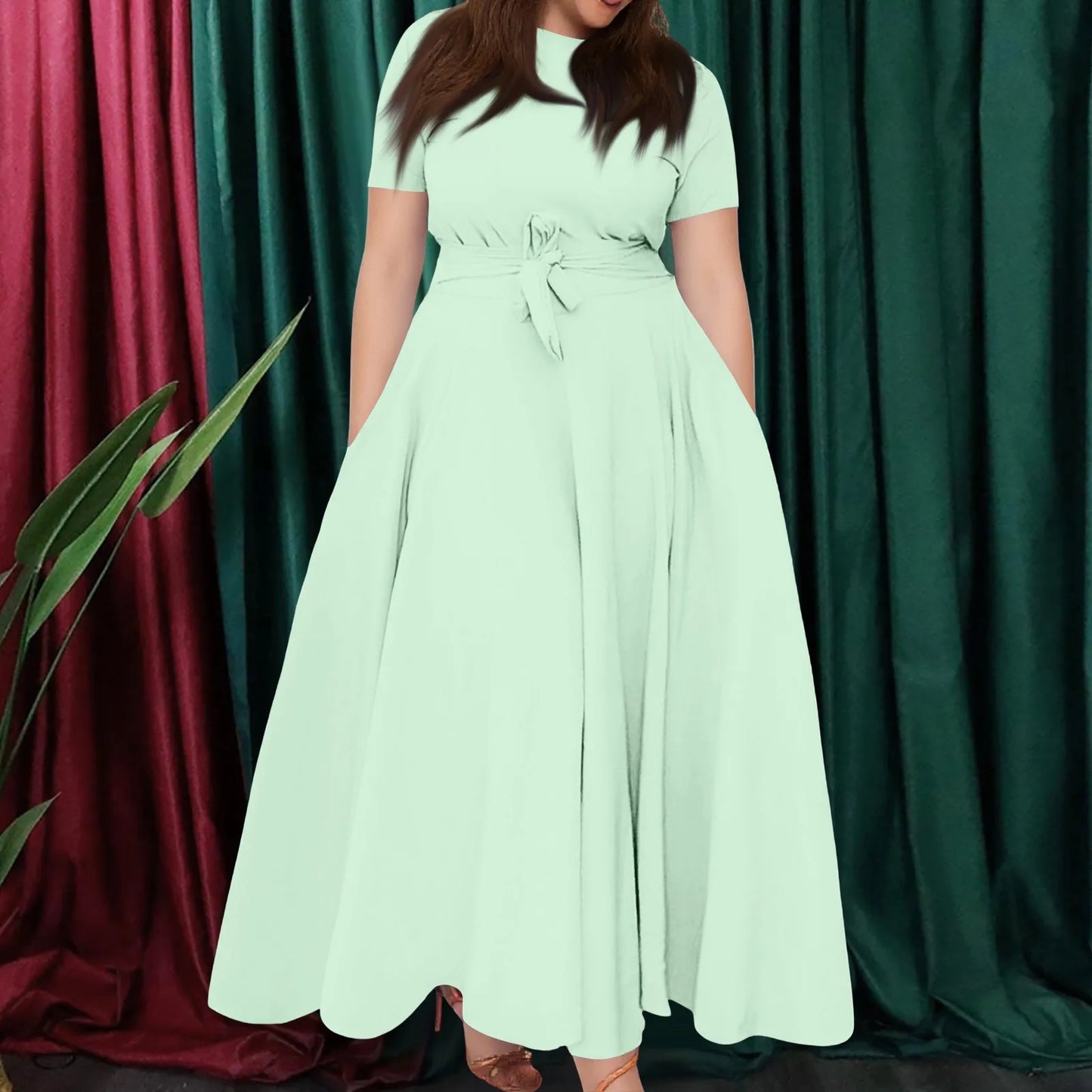 Summer Classic Solid Color Large Size Round Neck Short Sleeve Pocket Straps Swing Dress Fashion High Waist A-line Skirt