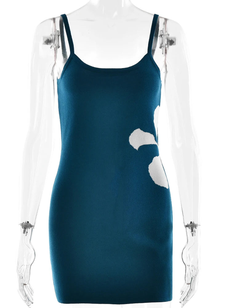 Knit Print Vacation Sexy Backless Women Dress Blue Spaghetti Strap Mini Dress Female Summer New Casual Beachwear 2025