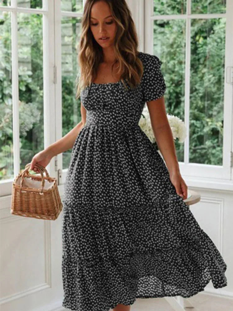 Vestidos Vintage Vintage Print Puff Sleeve summer