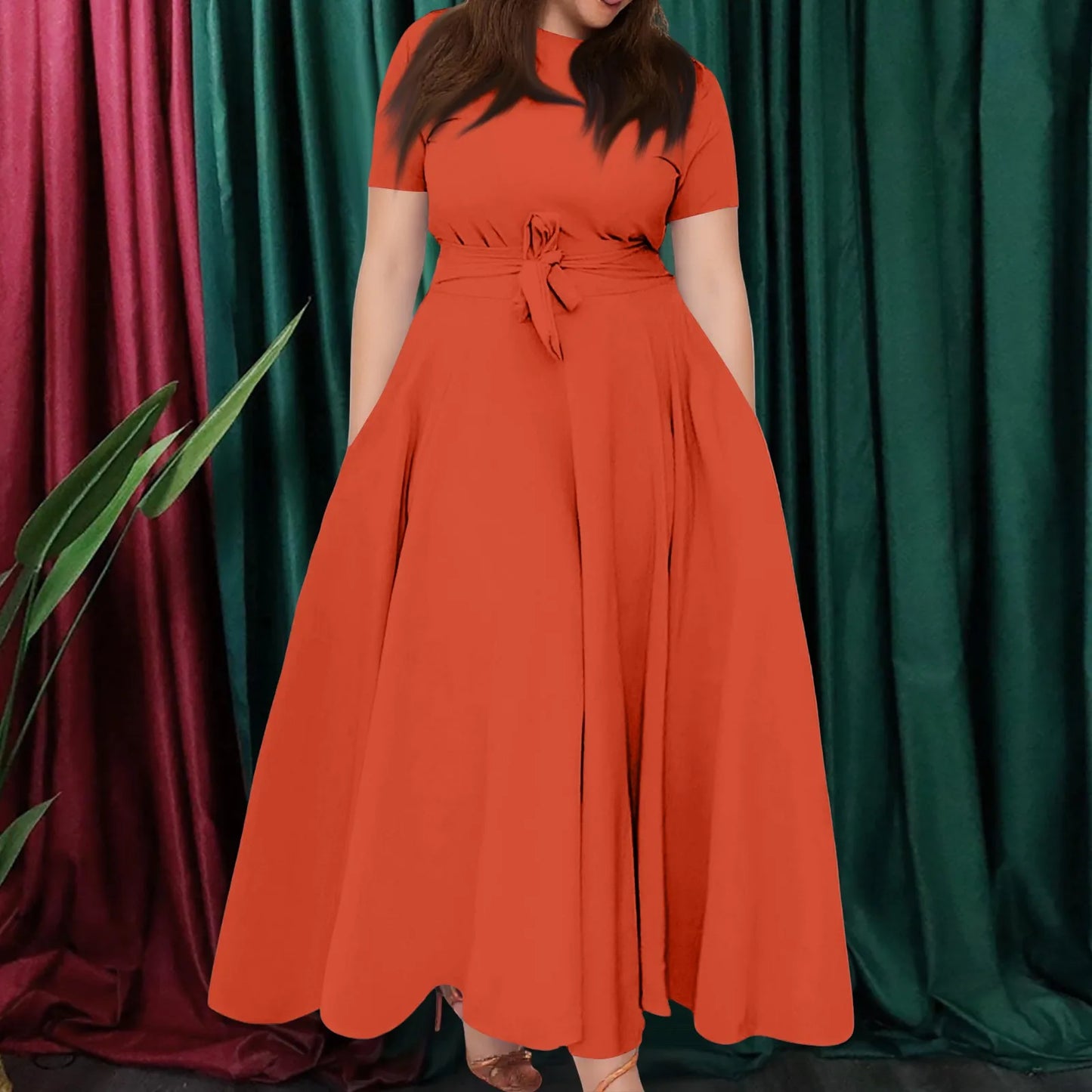 Summer Classic Solid Color Large Size Round Neck Short Sleeve Pocket Straps Swing Dress Fashion High Waist A-line Skirt