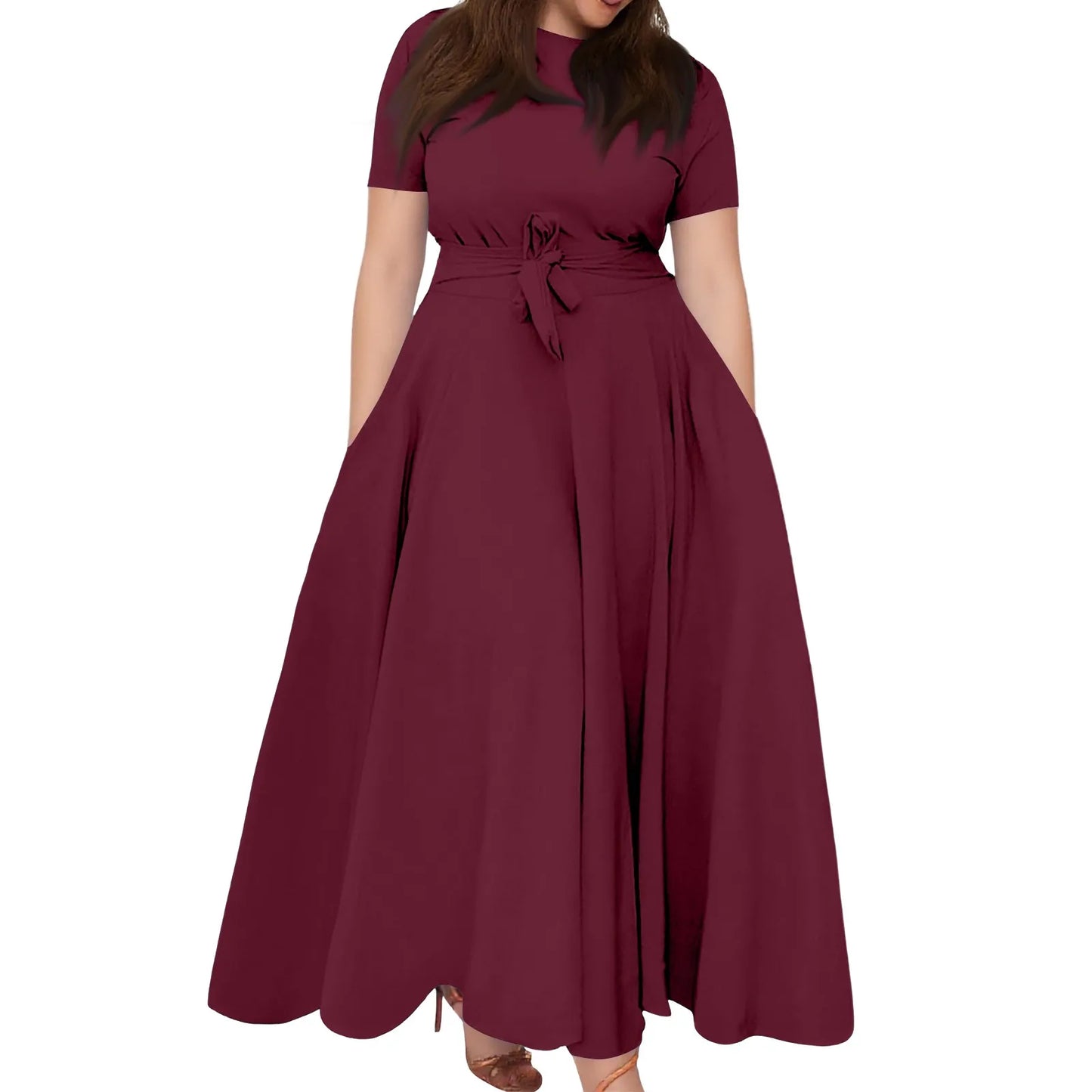 Summer Classic Solid Color Large Size Round Neck Short Sleeve Pocket Straps Swing Dress Fashion High Waist A-line Skirt