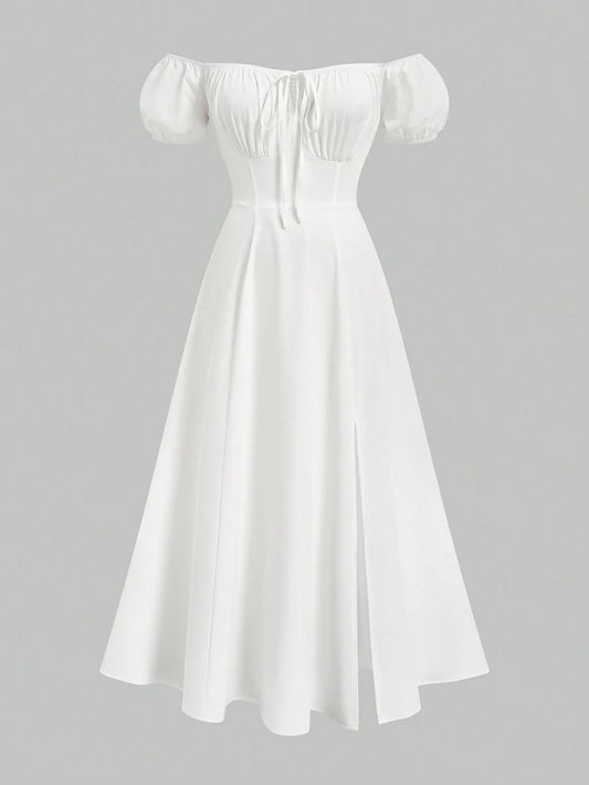 Plus Size Women's Spring/Summer French Style Strapless Waist High Cut Long Dress Pure Colour One-piece Neck Elegant Casual