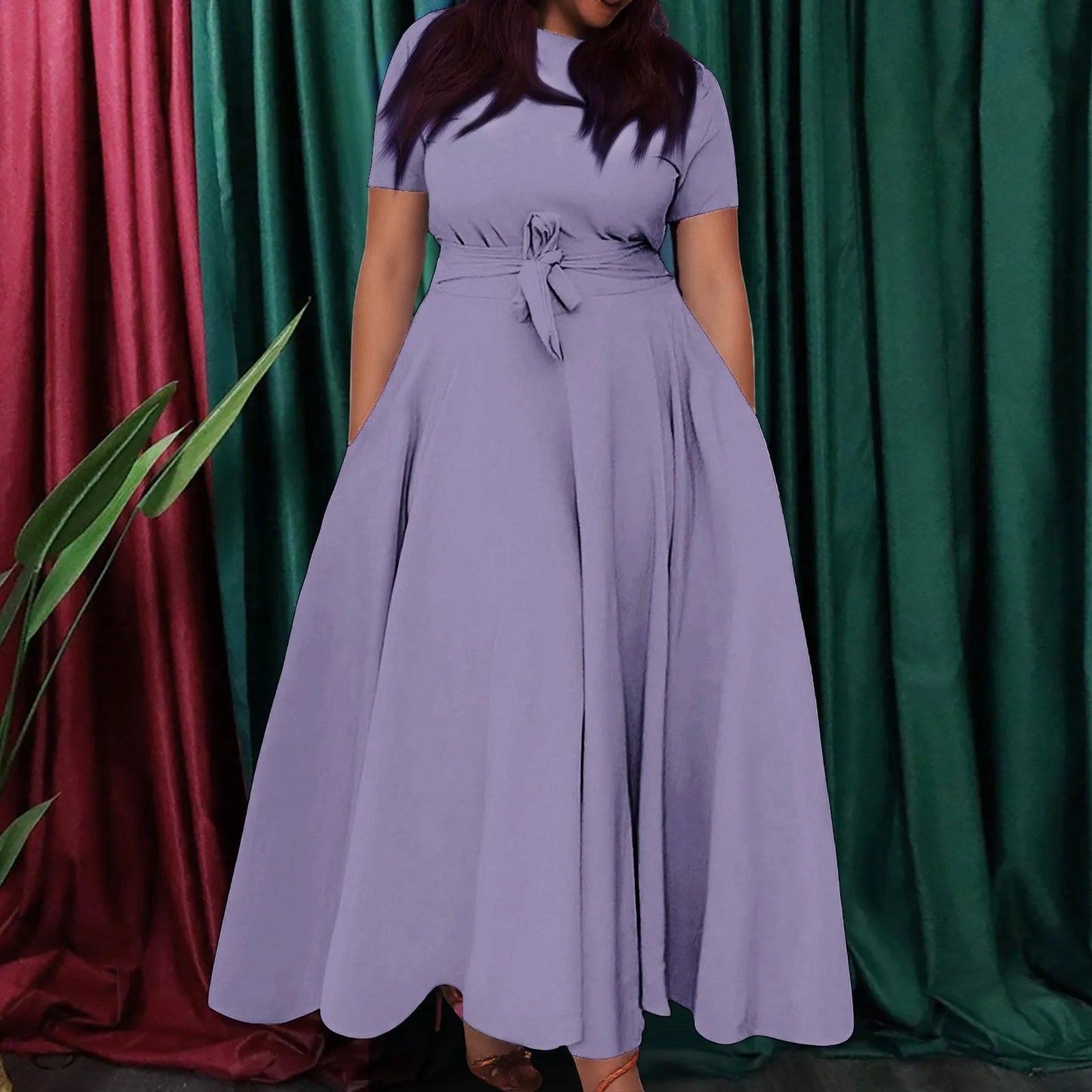 Summer Classic Solid Color Large Size Round Neck Short Sleeve Pocket Straps Swing Dress Fashion High Waist A-line Skirt