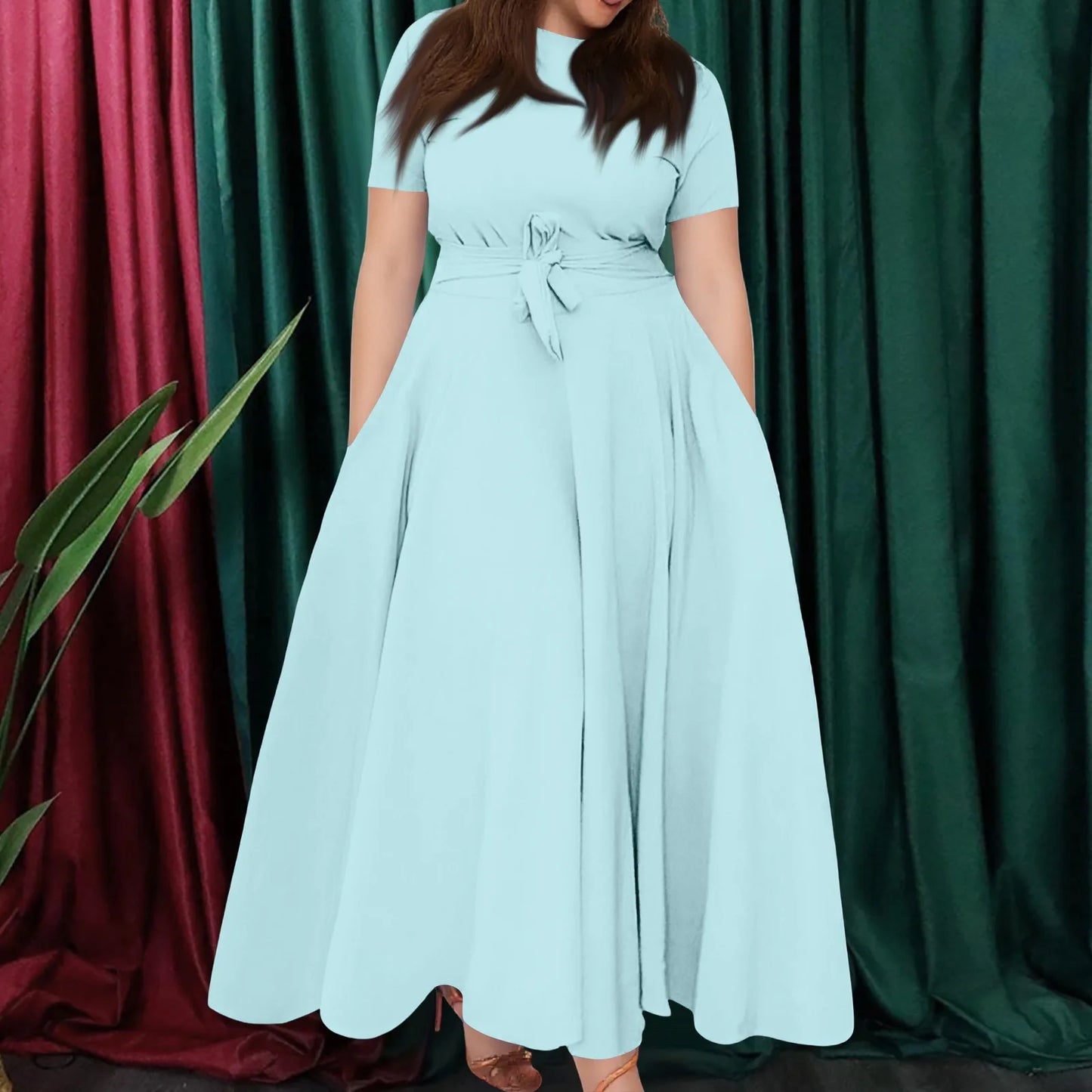 Summer Classic Solid Color Large Size Round Neck Short Sleeve Pocket Straps Swing Dress Fashion High Waist A-line Skirt