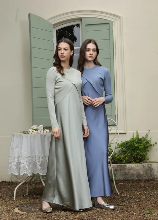 spring summer elegance satin dress + knitted top match set maxi floor length woman clothes