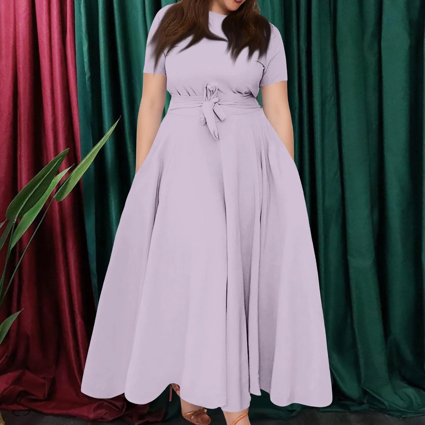 Summer Classic Solid Color Large Size Round Neck Short Sleeve Pocket Straps Swing Dress Fashion High Waist A-line Skirt