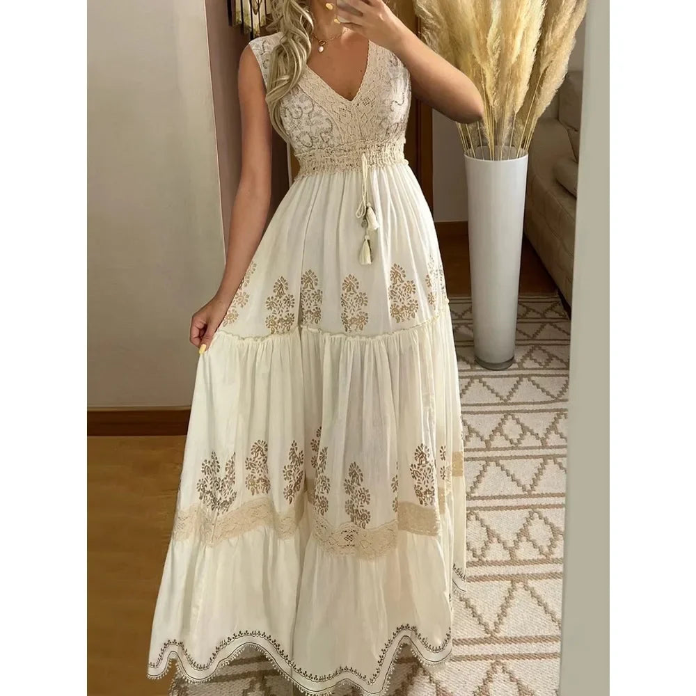 Summer Beach Dress Sleeveless Floral Print V-Neck Flowy Maxi Dress for Women Resort Holiday Party Casual Outfit Fashion