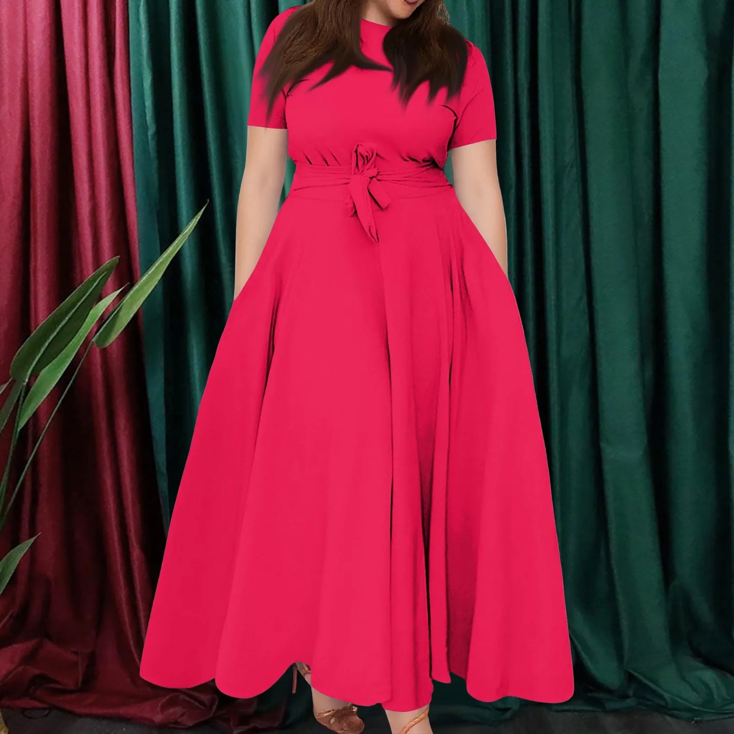 Summer Classic Solid Color Large Size Round Neck Short Sleeve Pocket Straps Swing Dress Fashion High Waist A-line Skirt