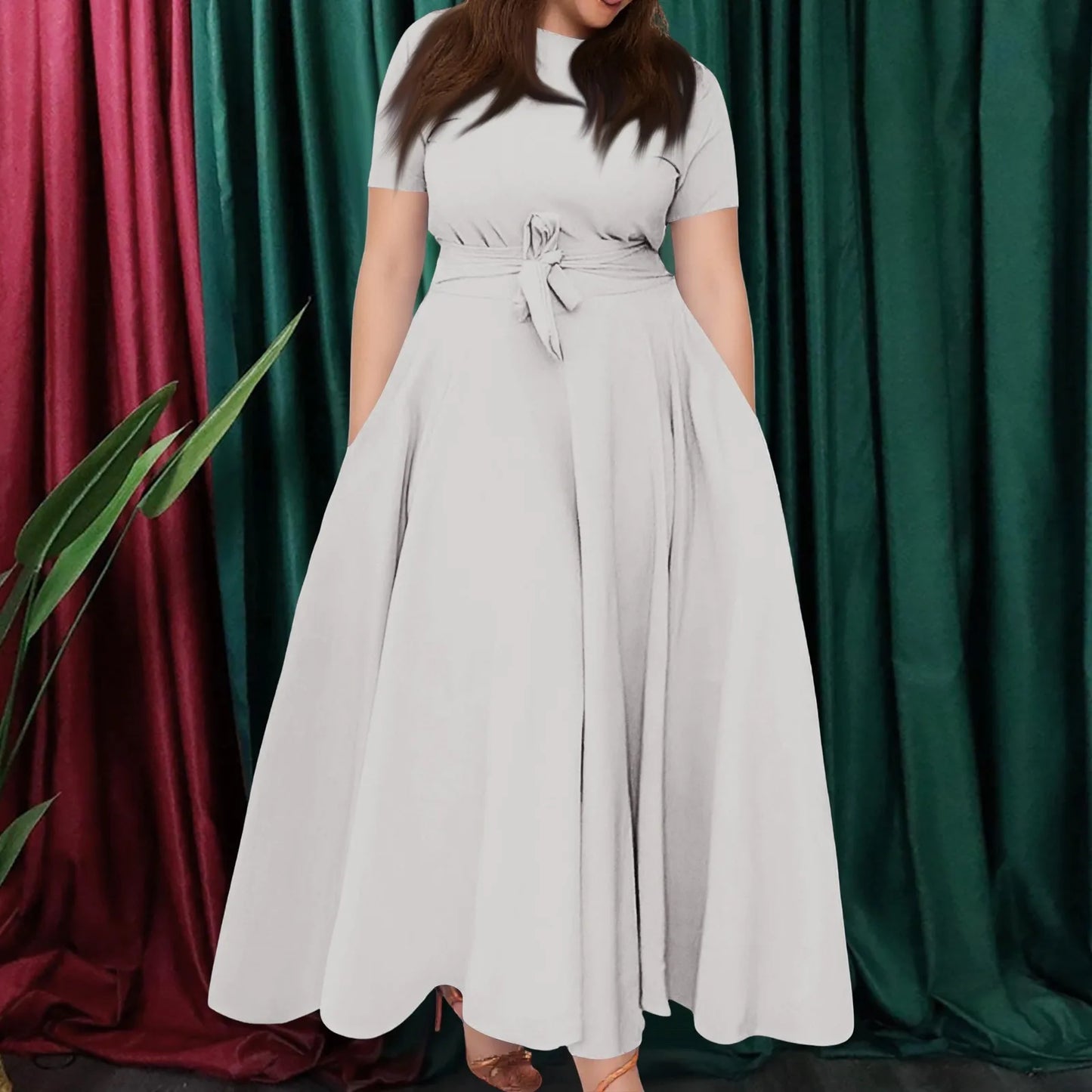 Summer Classic Solid Color Large Size Round Neck Short Sleeve Pocket Straps Swing Dress Fashion High Waist A-line Skirt