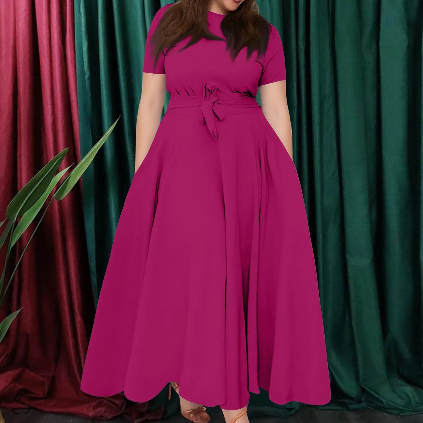 Summer Classic Solid Color Large Size Round Neck Short Sleeve Pocket Straps Swing Dress Fashion High Waist A-line Skirt