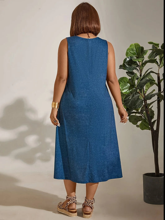 2025 New Fashionable Plus Size Pocket Dress, Elegant Crew Neck,