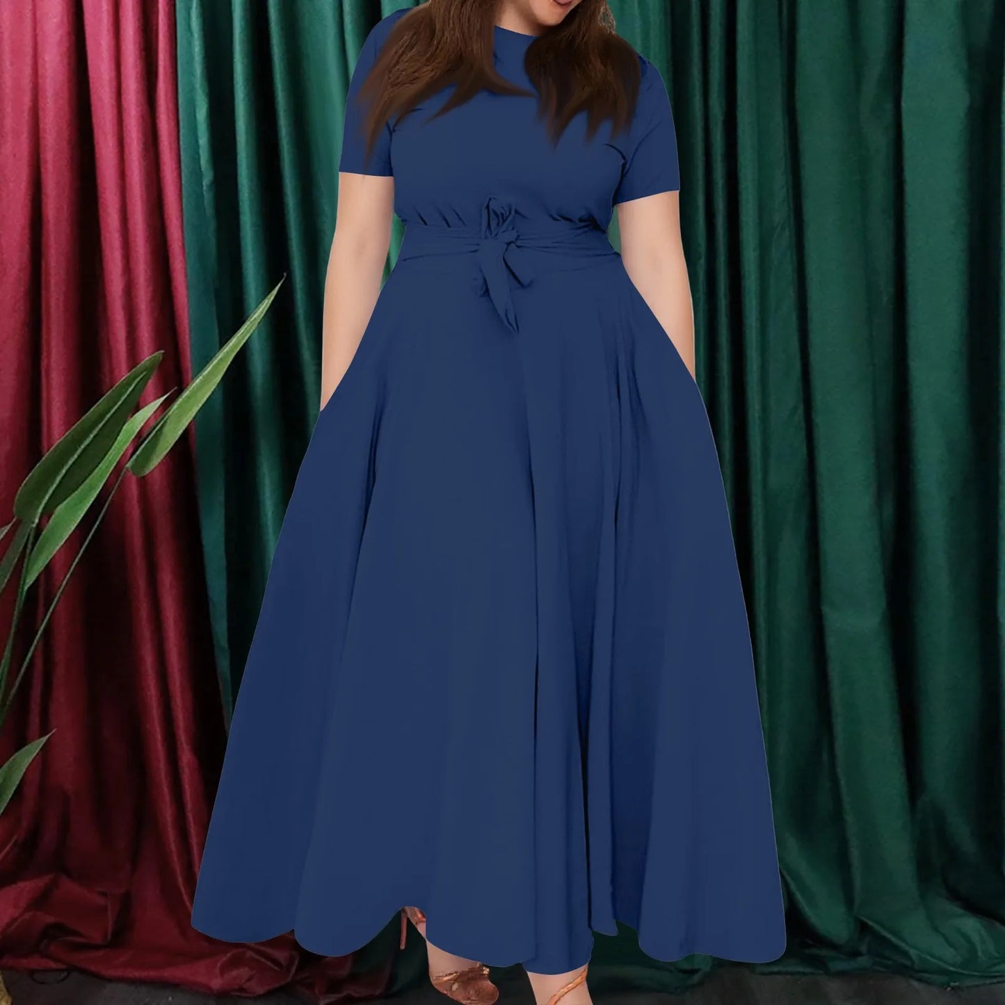 Summer Classic Solid Color Large Size Round Neck Short Sleeve Pocket Straps Swing Dress Fashion High Waist A-line Skirt