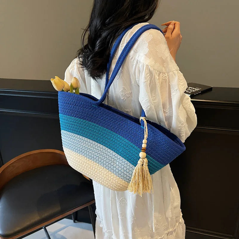 Cotton Rope Woven Design Shoulder Tote Bags For Women 2025