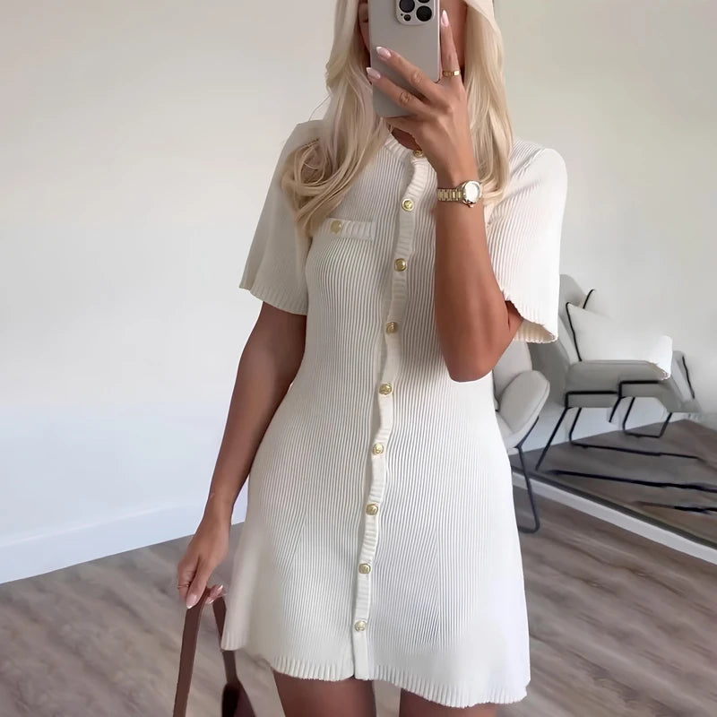 White Elegant Knitted Mini Dress For Women ,
