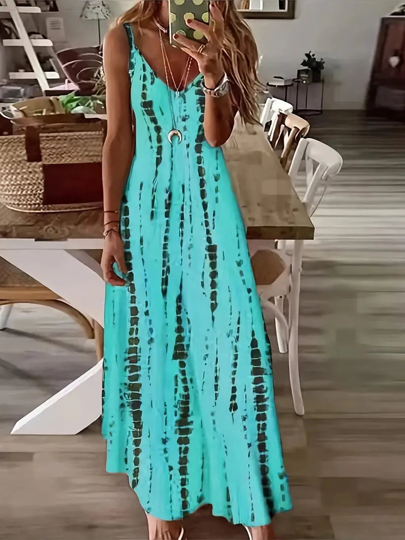 Women's Casual Loose V-neck Tie Dye Printed Spaghetti Maxi Dress Summer 2025