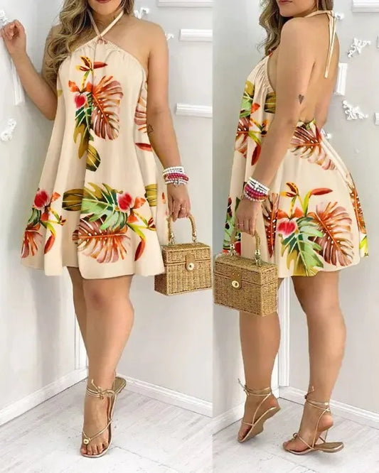 Tropical Print Halter Neck Dress,