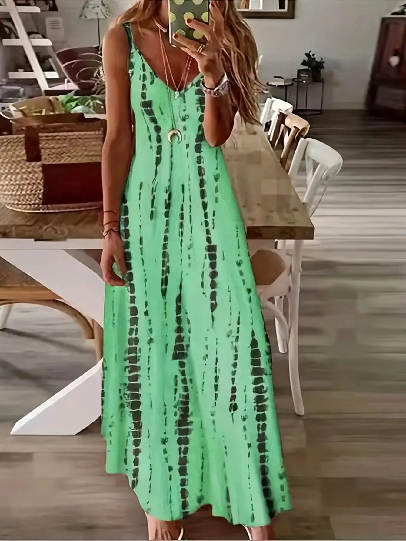 Women's Casual Loose V-neck Tie Dye Printed Spaghetti Maxi Dress Summer 2025