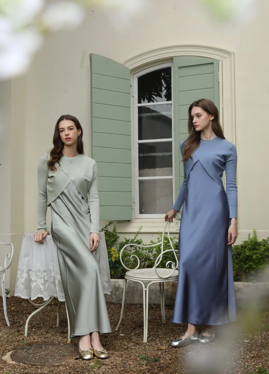 spring summer elegance satin dress + knitted top match set maxi floor length woman clothes