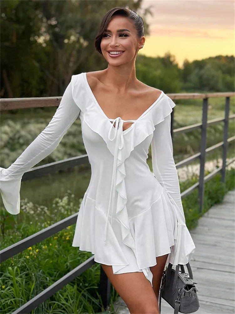 Mini Dress Women's V-Neck Patchwork Long Sleeve Sexy Slim Dress Bandage Elegant Female Summer Dress2025