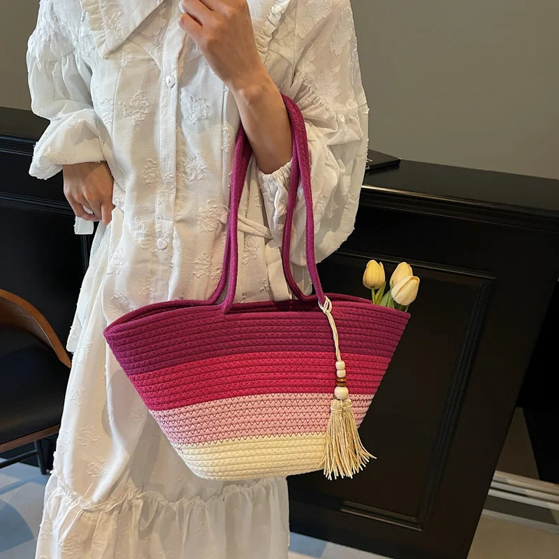 Cotton Rope Woven Design Shoulder Tote Bags For Women 2025