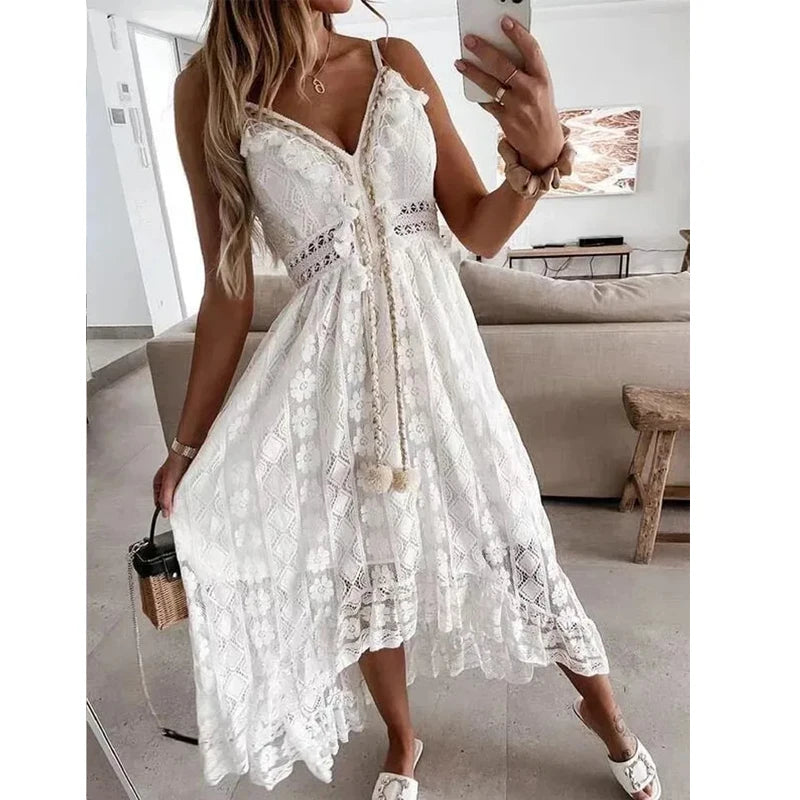 Summer New Lace Sling Big Swing Solid Color Long Skirt Dress Spring V-neck Sleeveless Beach Dresses Casual Chain Link Dress