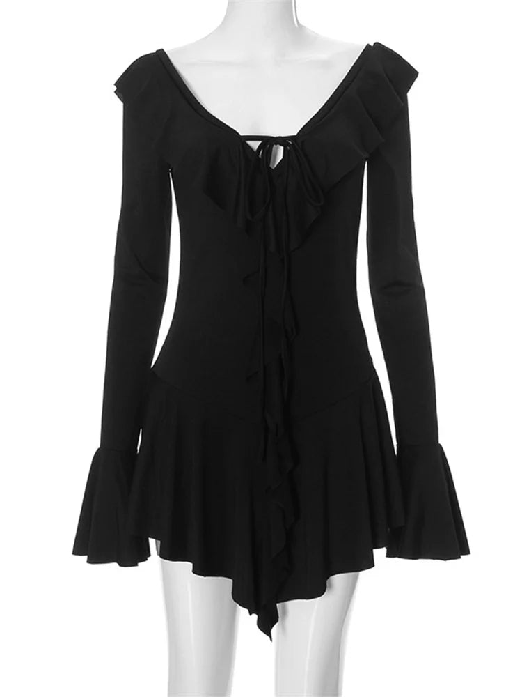 Mini Dress Women's V-Neck Patchwork Long Sleeve Sexy Slim Dress Bandage Elegant Female Summer Dress2025