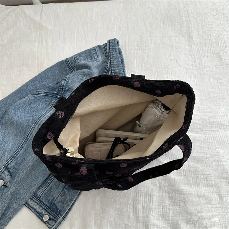 Corduroy Handbag Strawberries Beach Bag Fashionable 2025