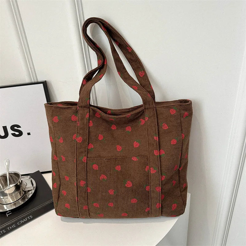 Corduroy Handbag Strawberries Beach Bag Fashionable 2025