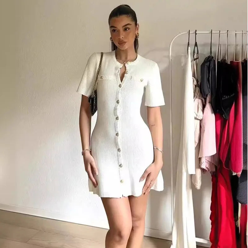 White Elegant Knitted Mini Dress For Women ,