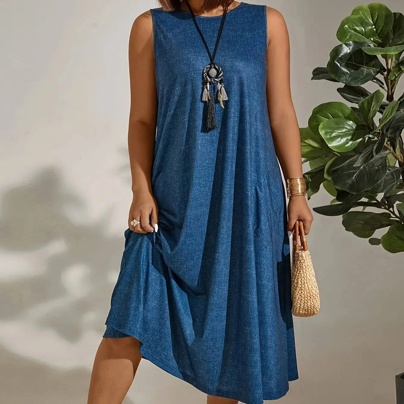 2025 New Fashionable Plus Size Pocket Dress, Elegant Crew Neck,