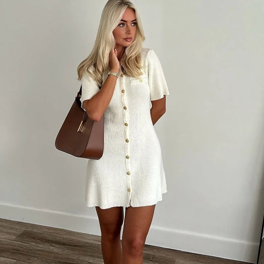 White Elegant Knitted Mini Dress For Women ,
