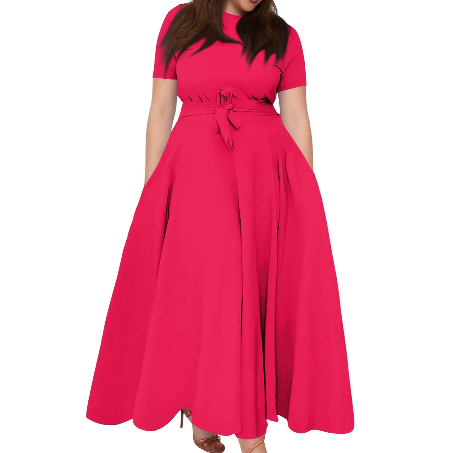 Summer Classic Solid Color Large Size Round Neck Short Sleeve Pocket Straps Swing Dress Fashion High Waist A-line Skirt