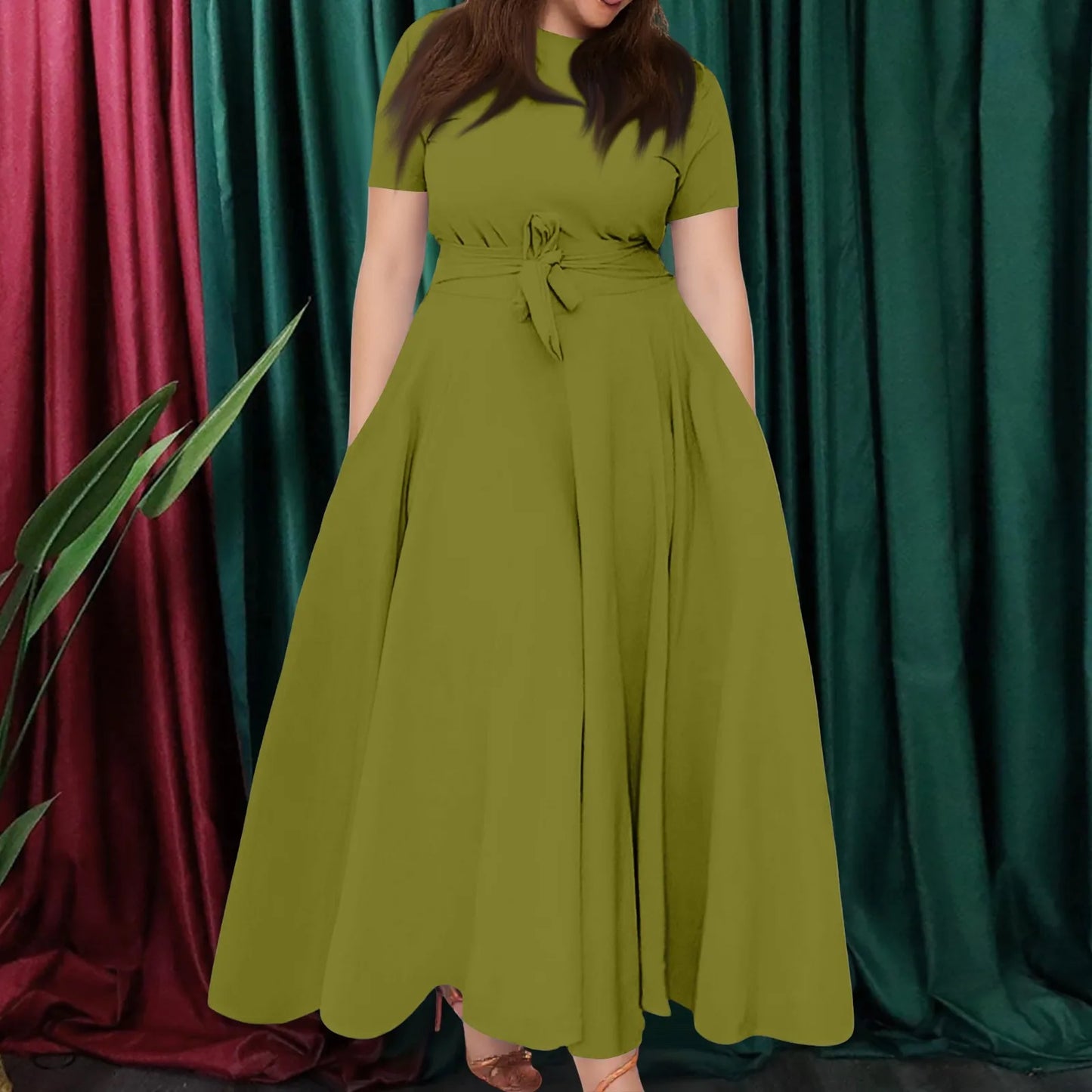 Summer Classic Solid Color Large Size Round Neck Short Sleeve Pocket Straps Swing Dress Fashion High Waist A-line Skirt