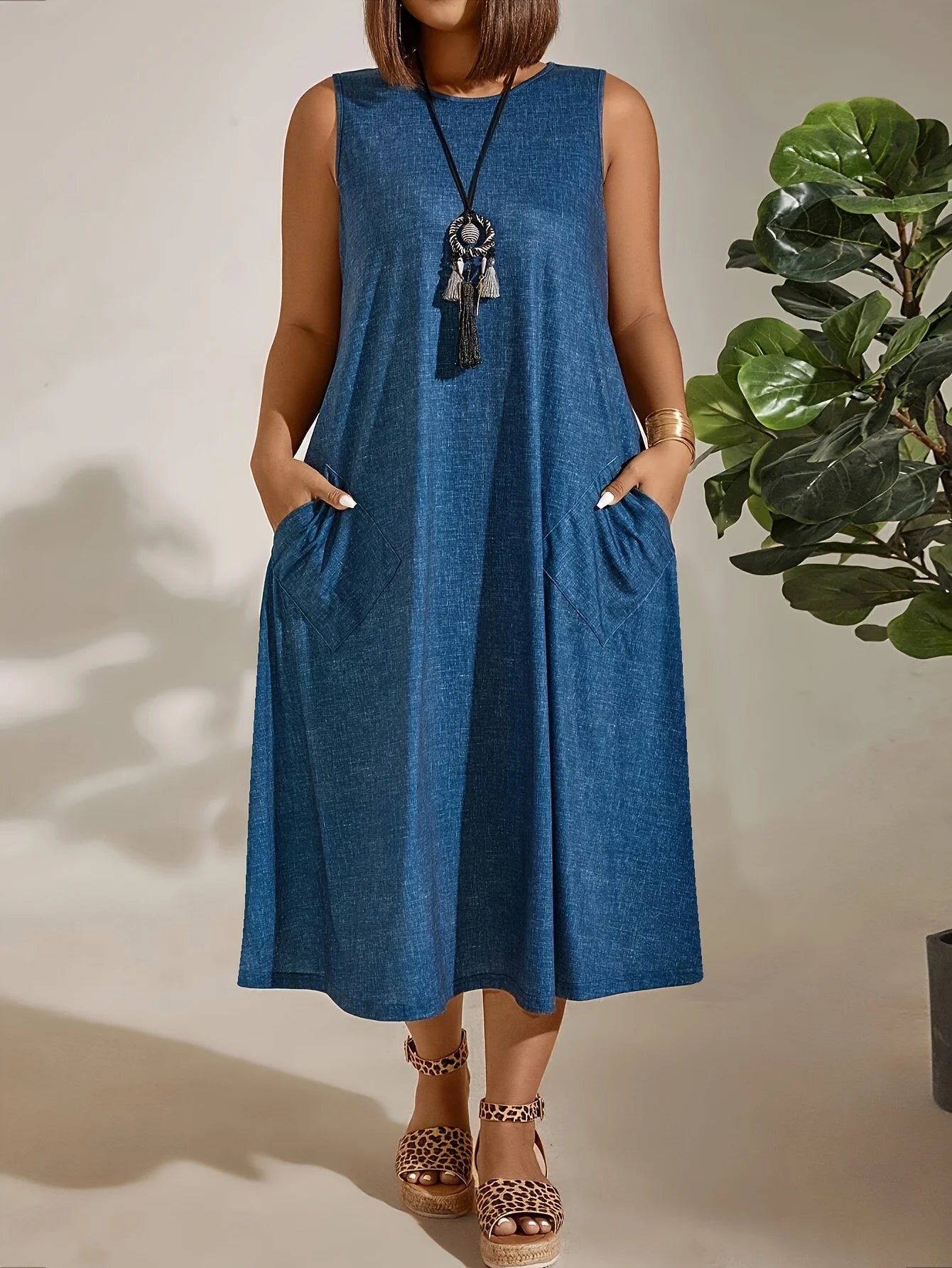 2025 New Fashionable Plus Size Pocket Dress, Elegant Crew Neck,