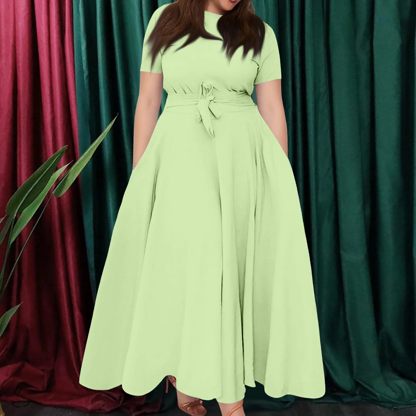 Summer Classic Solid Color Large Size Round Neck Short Sleeve Pocket Straps Swing Dress Fashion High Waist A-line Skirt
