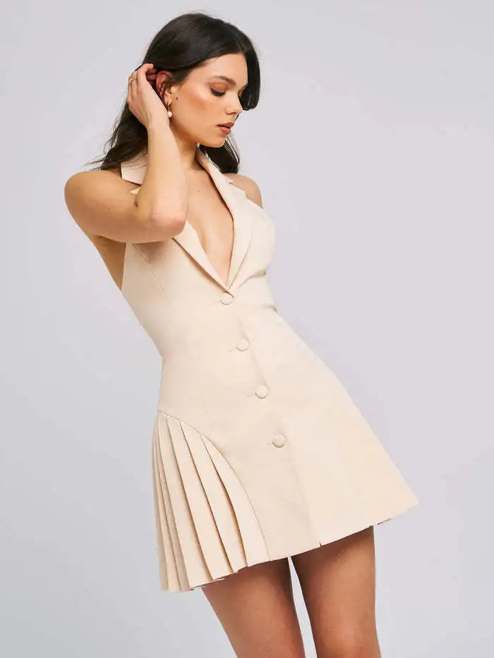 Sexy Sleeveless Deep V Suit Button Dress Women Bodycon Hanging Neck Short Skirt Open Back Female Party Nightclub Dress
