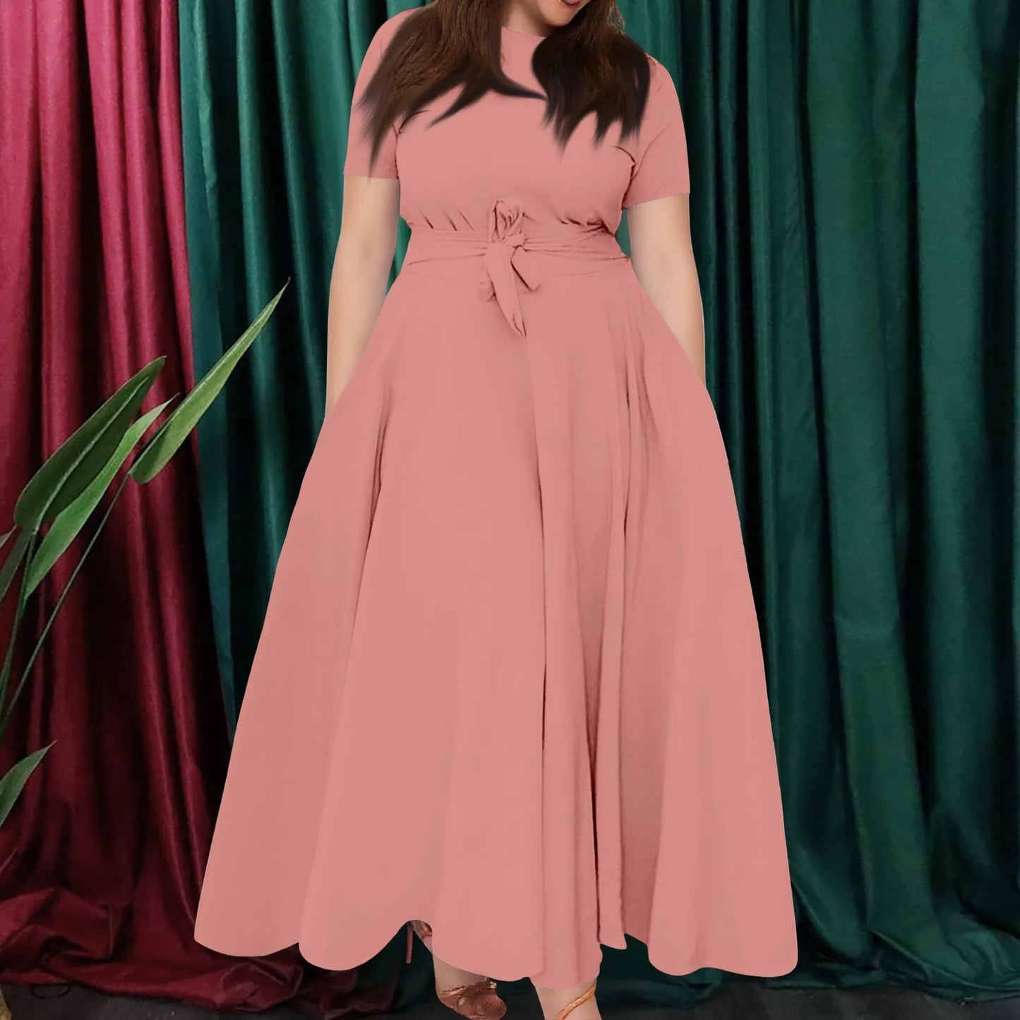 Summer Classic Solid Color Large Size Round Neck Short Sleeve Pocket Straps Swing Dress Fashion High Waist A-line Skirt