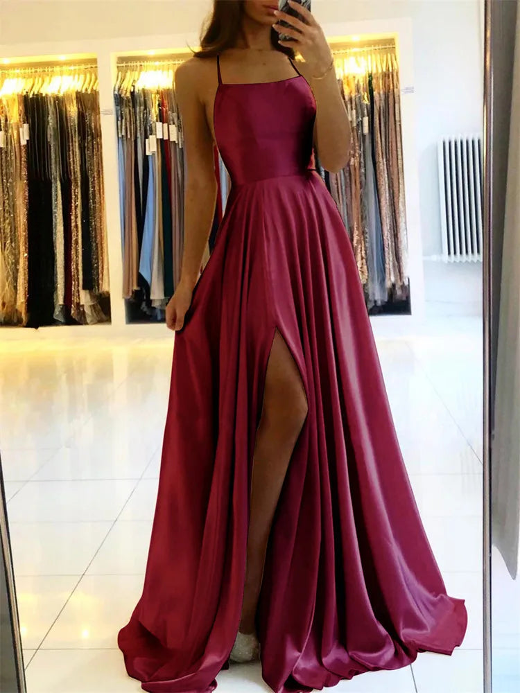 Burgundy Satin Beach Maxi Women Dress for Christmas ,