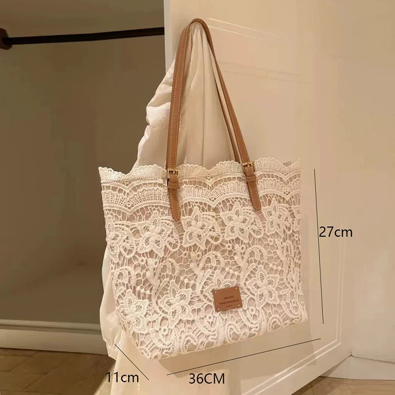 Women White Lace Flower Embroidery Tote Summer Seaside Travel Vacation Beach Bag Shoulder Retro Handbag