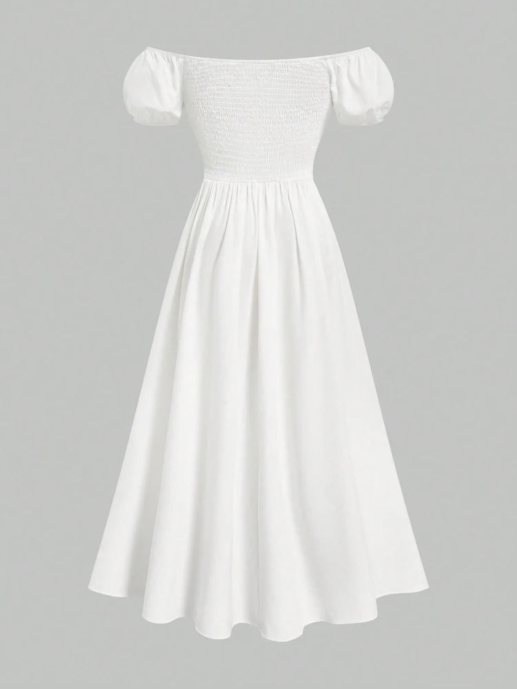 Plus Size Women's Spring/Summer French Style Strapless Waist High Cut Long Dress Pure Colour One-piece Neck Elegant Casual