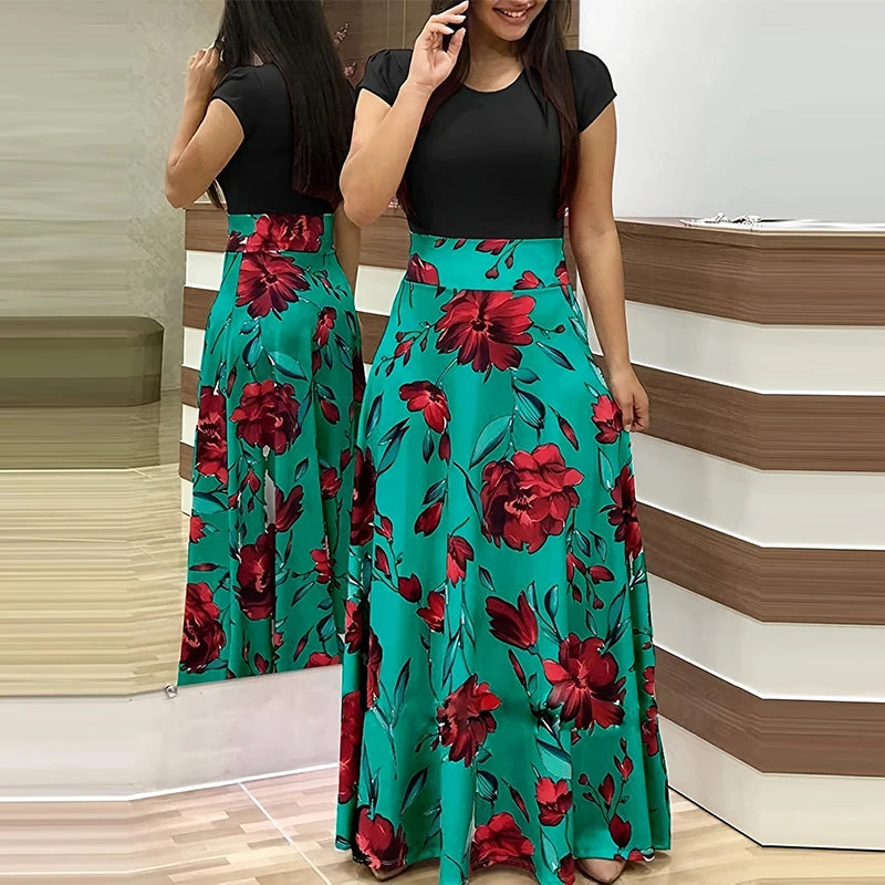 Printed Splicing Crew Neck Dress Elegant Short Sleeve Slim