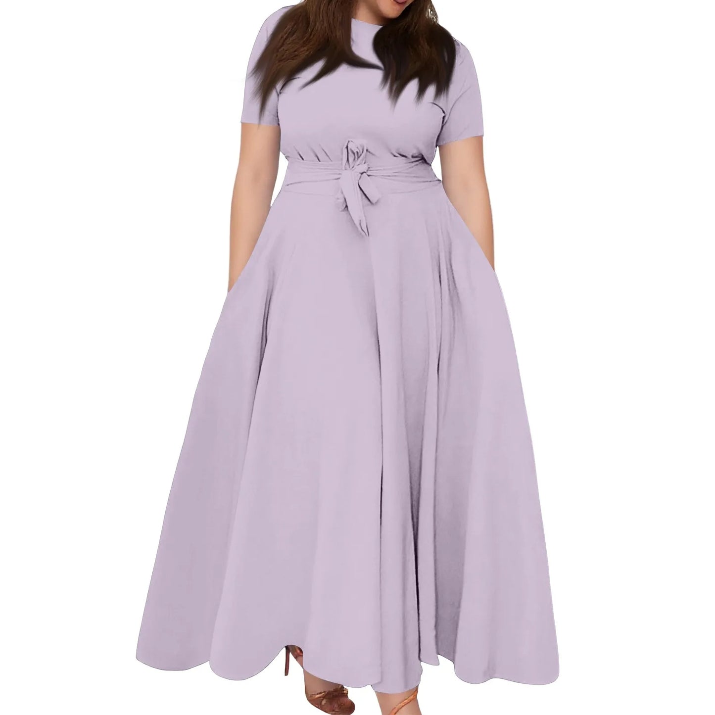 Summer Classic Solid Color Large Size Round Neck Short Sleeve Pocket Straps Swing Dress Fashion High Waist A-line Skirt