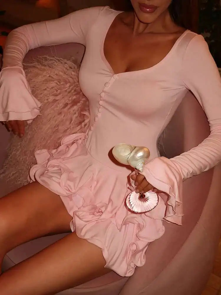 sara Flare Sleeve Ruffle Sexy V Neck Mini Dress Women Robe 2025