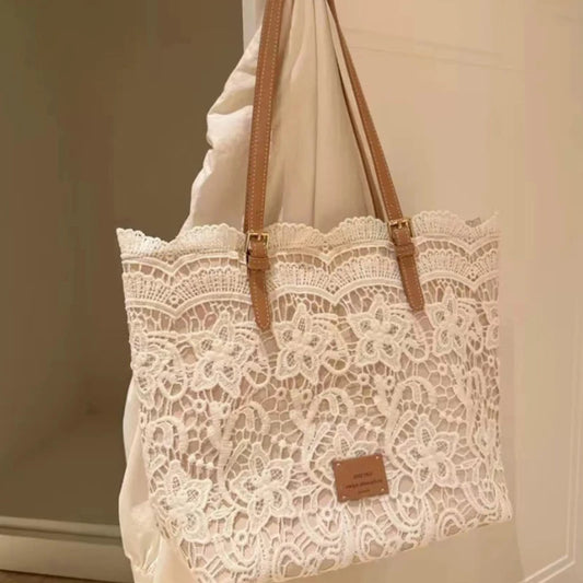 Women White Lace Flower Embroidery Tote Summer Seaside Travel Vacation Beach Bag Shoulder Retro Handbag